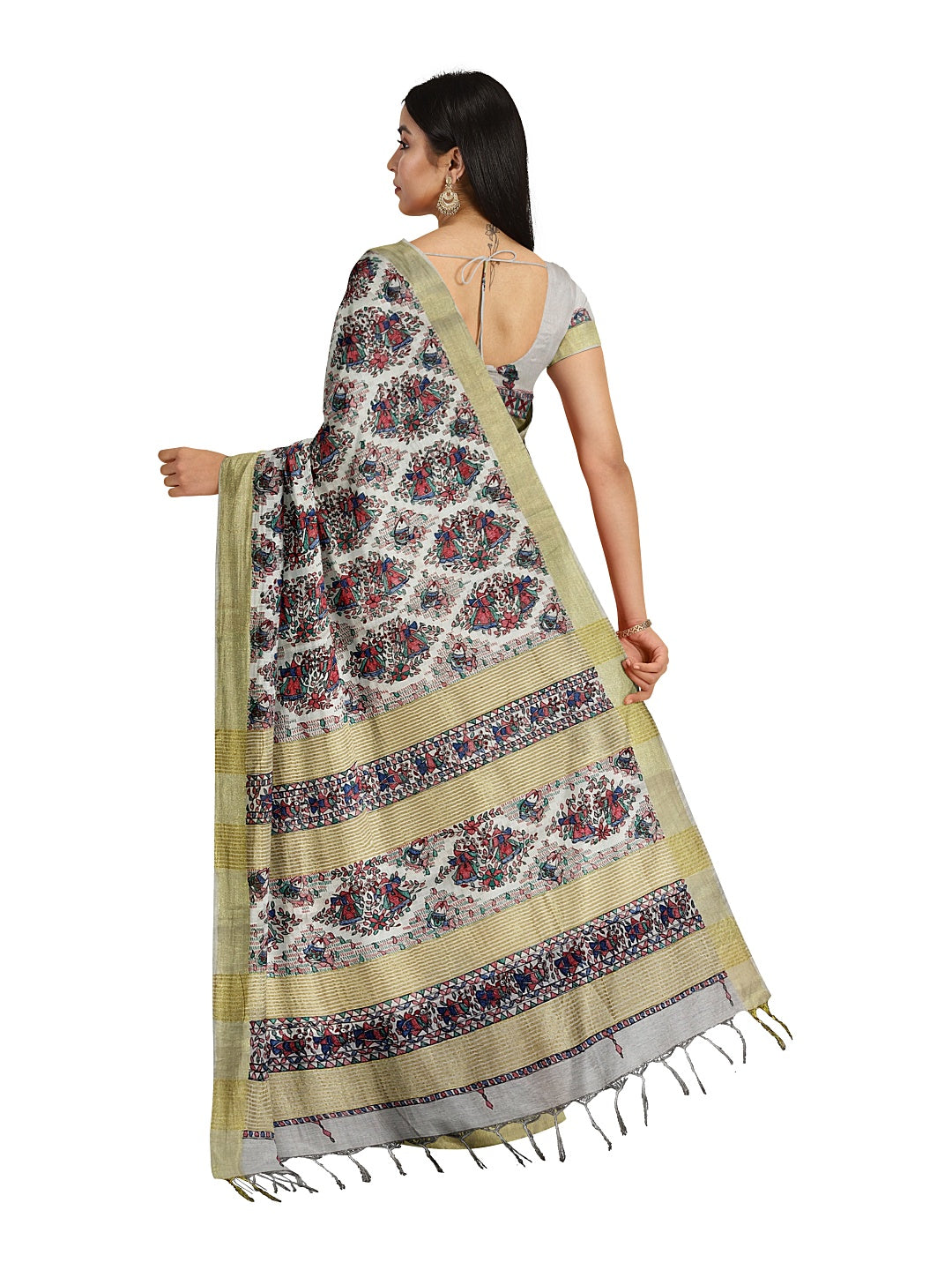 Handpainted Madhubani Kota Silk Saree in White with Zari Border